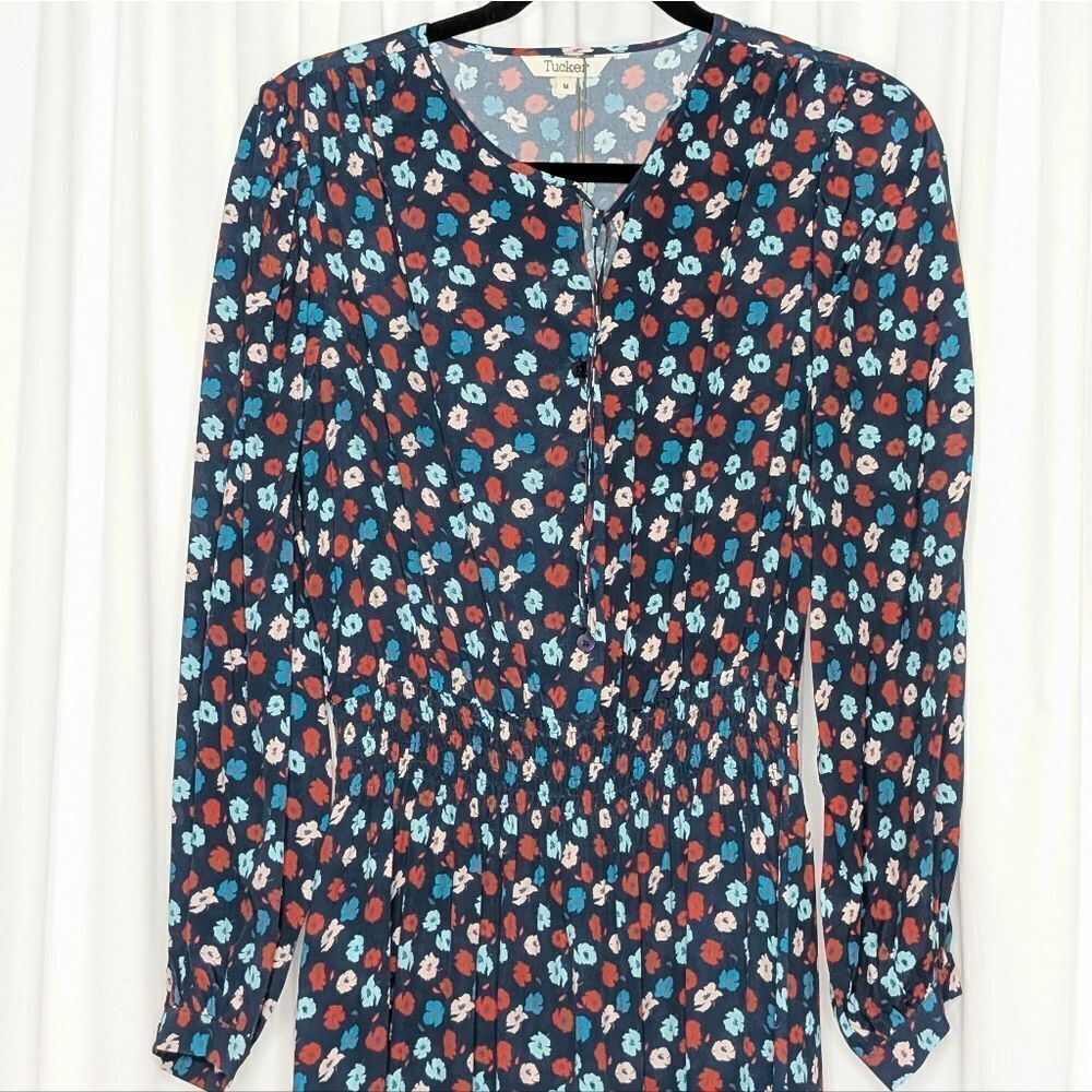 Tucker NYC Juliette Dress Midnight Cherry Poppies Micro in Silk Crepe de Chine